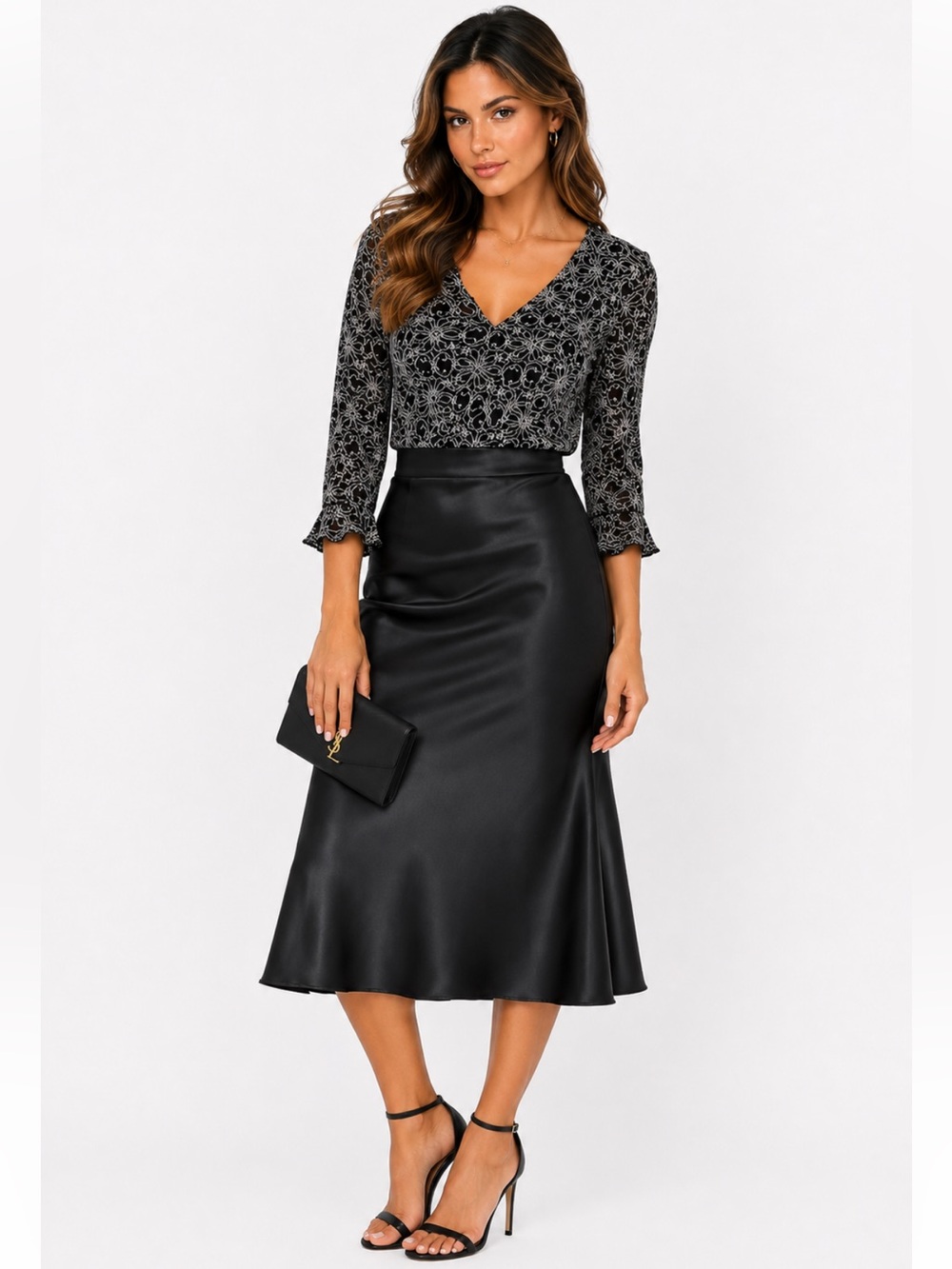 Brittany Black Black & White Floral Lace Long Sleeve Top